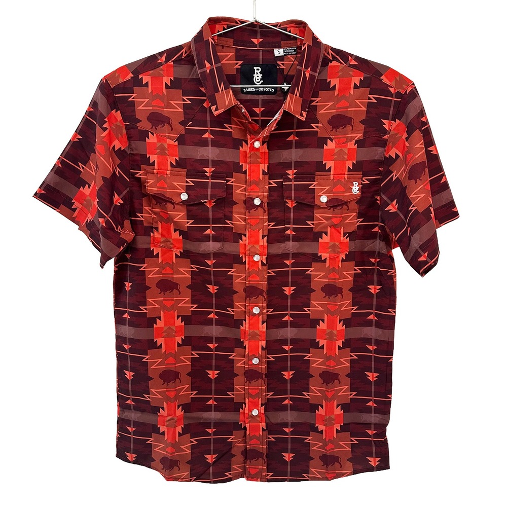 RAISED BY COYOTES Aztec Print Pearl Snap Shirt NWT •‎ Small • orange, burgundy